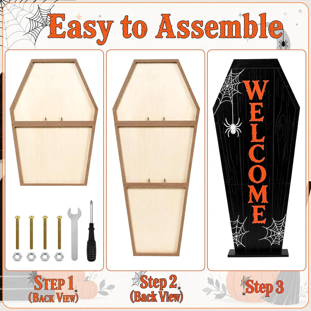 2.95FT Wooden Halloween Coffin Welcome Porch Sign for Front Door