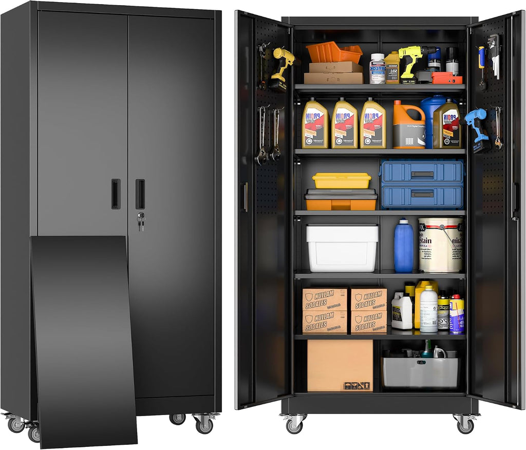 Metal Garage Storage Cabinet with Wheels and Pegboard Doors