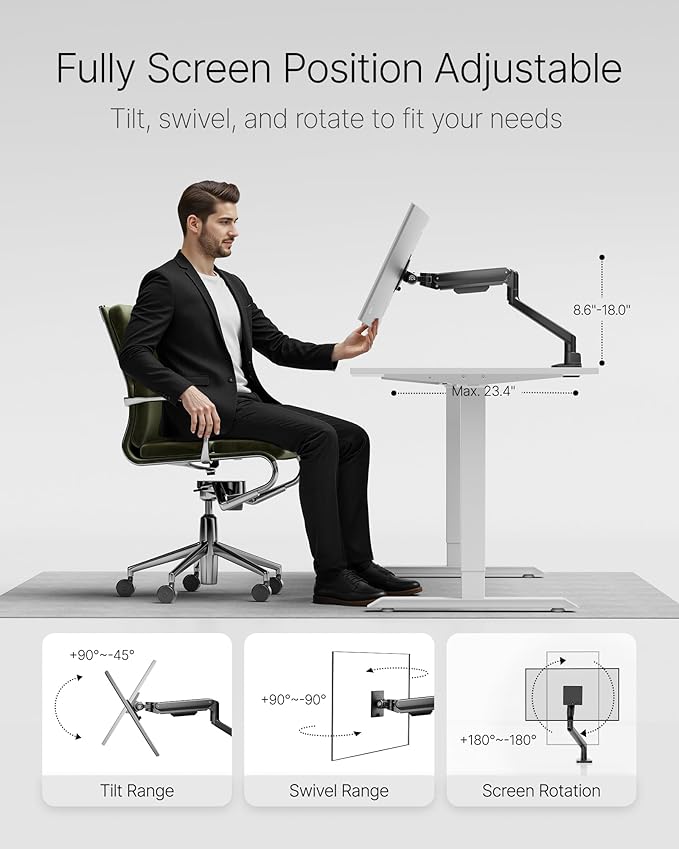 monTEK Deluxe Monitor Arm up to 40 Inch Holds 26.4 lbs Curved Screens Aluminum