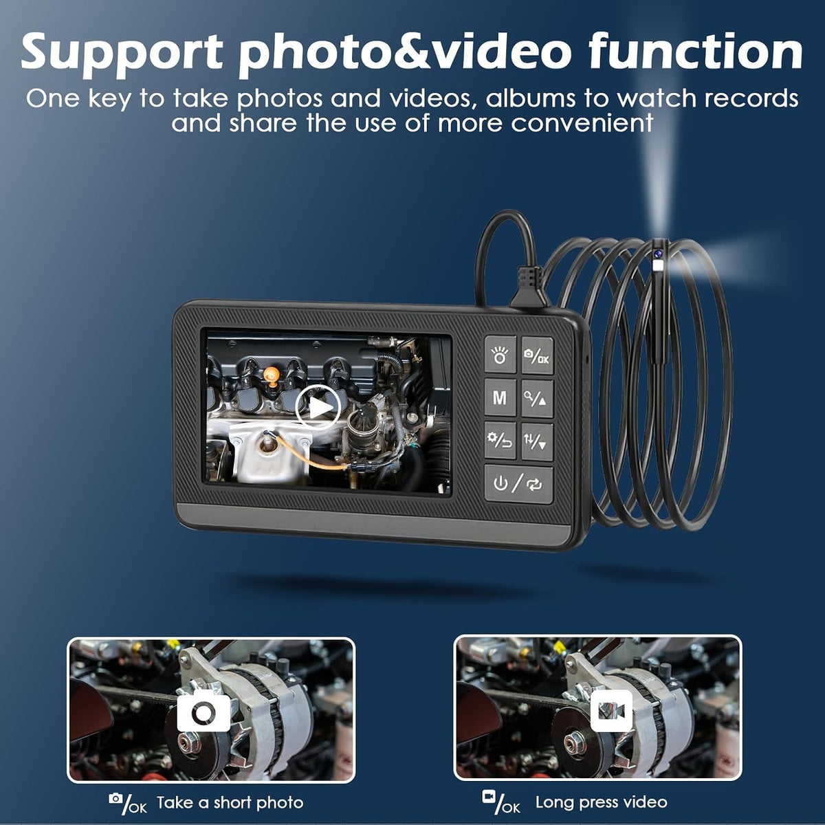 dual lens endoscope camera with light, 1920p hd on a desk or shelf