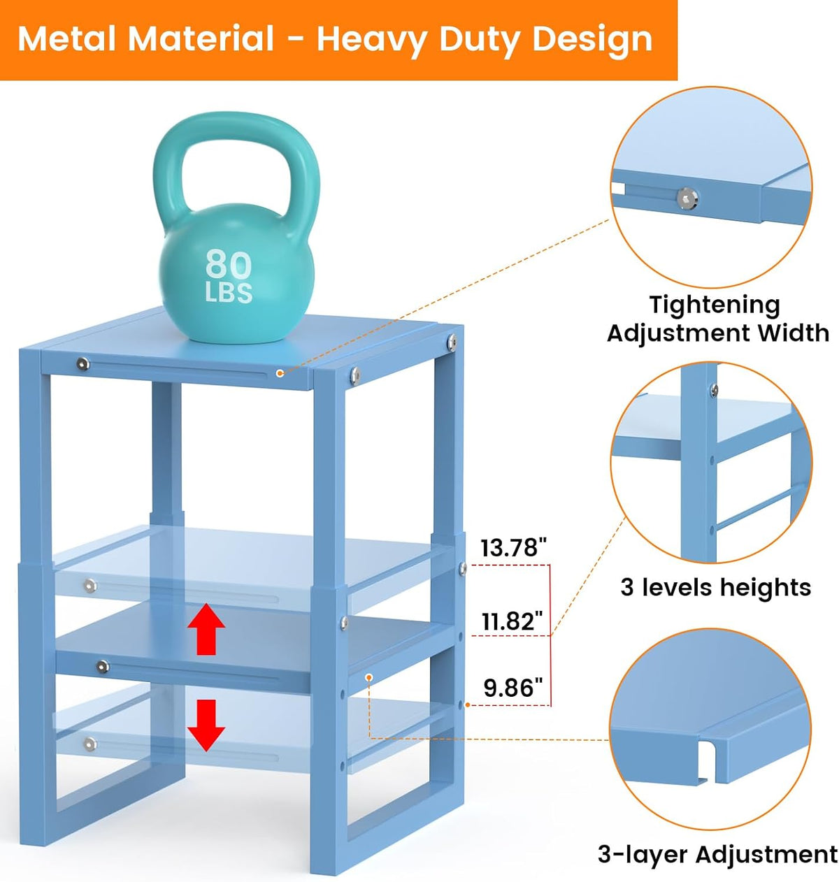 lidtop locker shelf blue, adjustable width and height, close-up detail