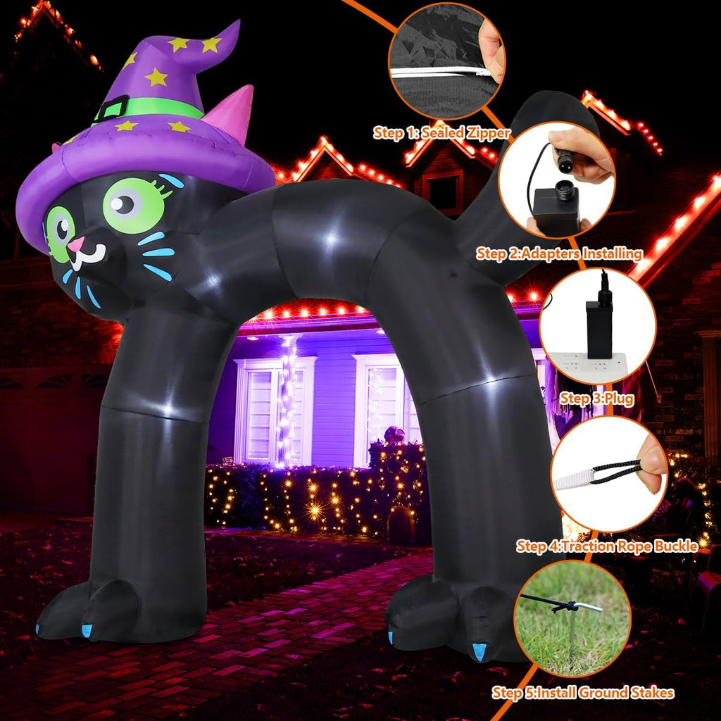COMIN 14FT Halloween Inflatables Outdoor Decorations Black Cat Arch Blow Up Yard Decoration with Built-in LED for Yard Garden Party Lawn