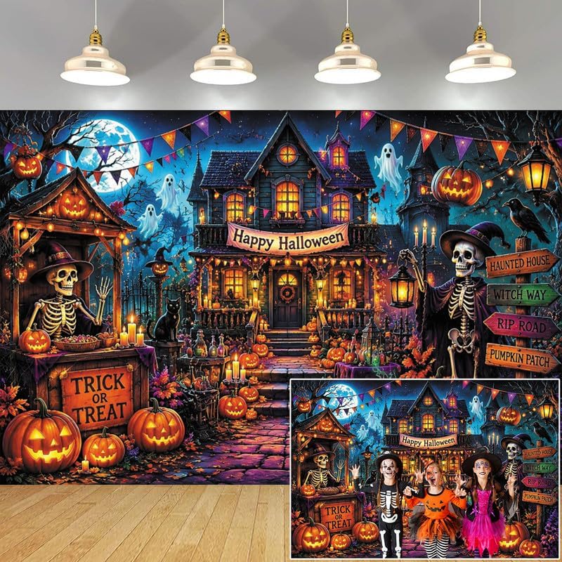 10x8ft Halloween Spooky Skeleton Ghost Photography Backdrop, Horror Castle Sc...