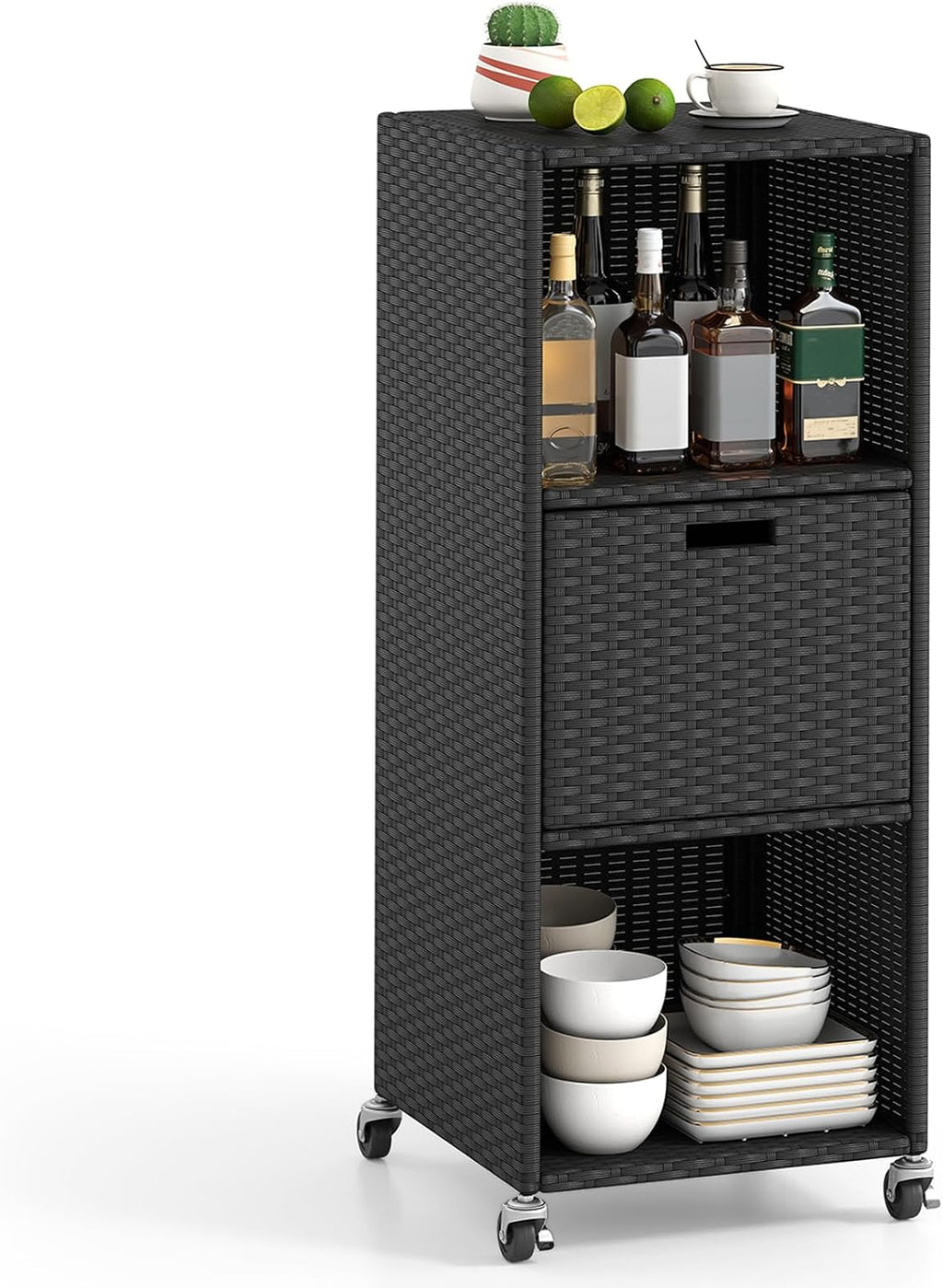 Tangkula Rattan Outdoor Storage Cabinet with 4 Wheels, Black