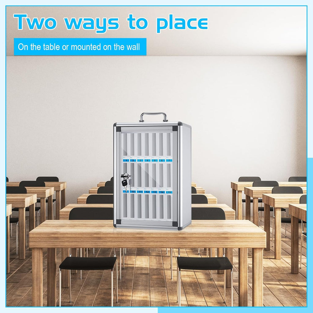 amylove 24 slots aluminum alloy cell phone locker on a desk or shelf