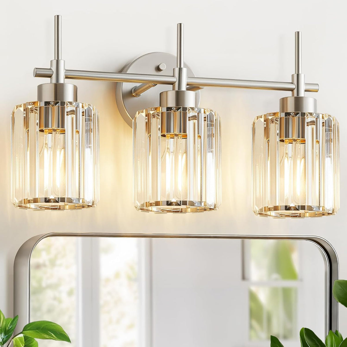 EJIAXIN 3 Light Crystal Bathroom Light Fixtures, Brushed Nickel Vanity Mirror