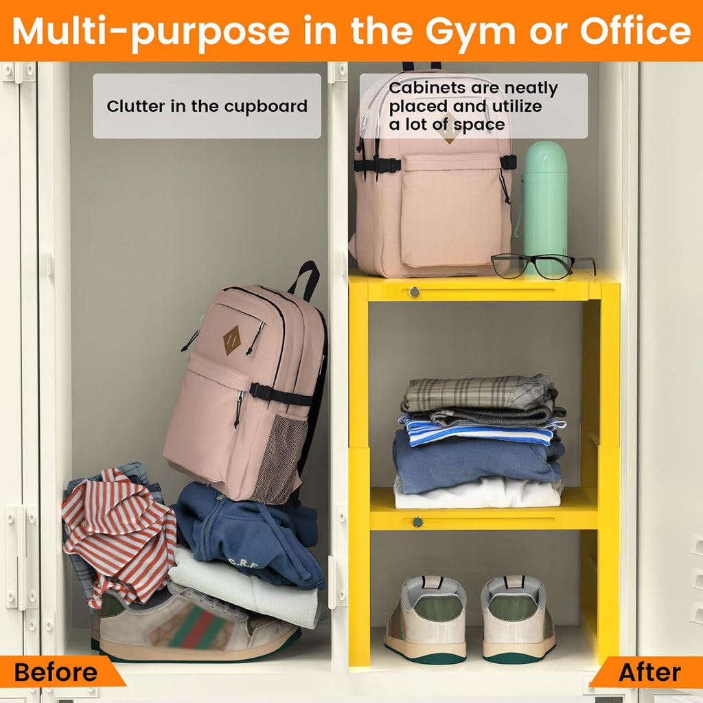 lidtop locker organizer shelf yellow, metal adjustable width, package contents