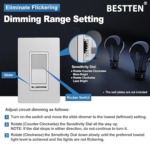 BESTTEN 5 Pack Matte Silver Dimmer Light Switch, Single Pole or 3-Way,