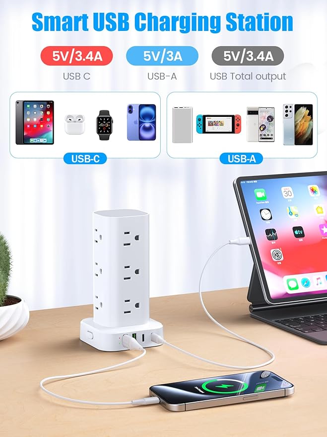 Flat Plug Power Strip Tower Surge Protector, 10FT Flat Extension Cord
