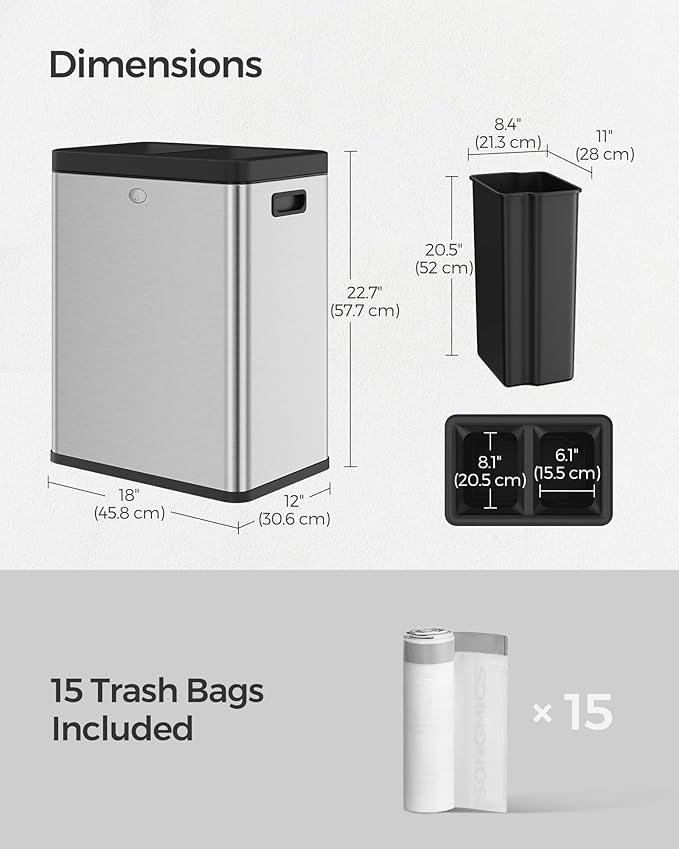 SONGMICS 2 x 6.6 Gallon Open Top Trash Can, Dual Compartment Garbage Can