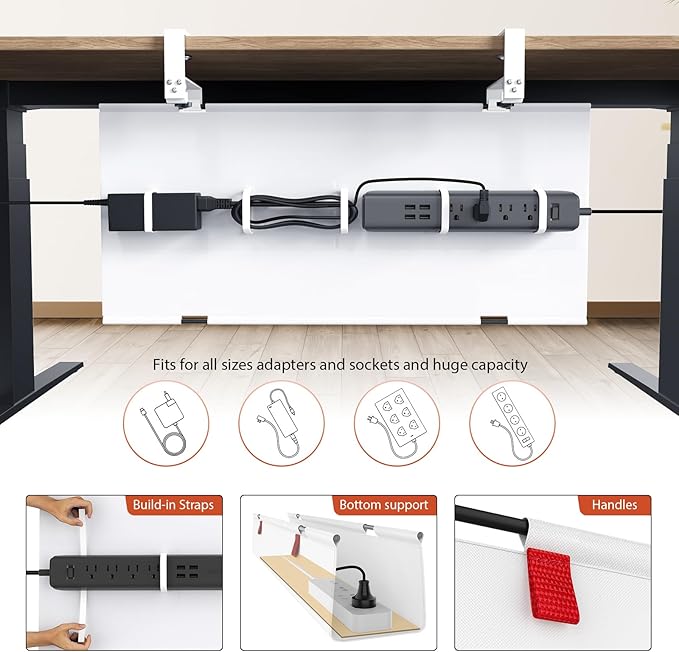 Univivi No Drill Under Desk Cable Management Tray, Clamp/Screw Mount Desk Cable