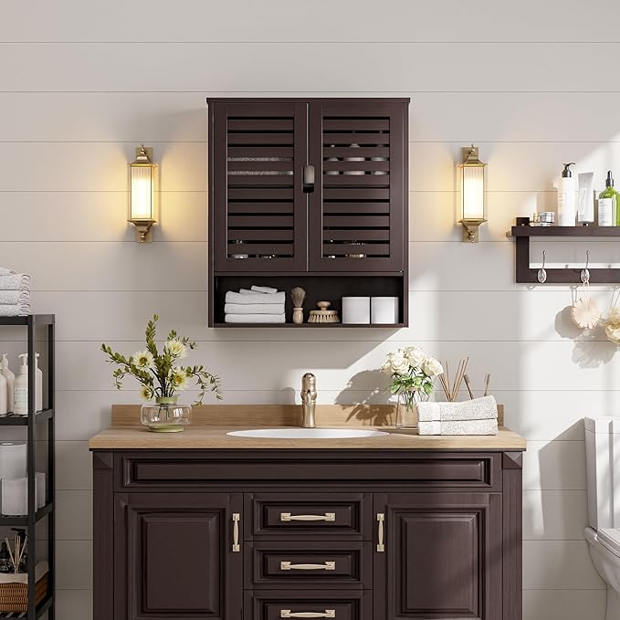 SMIBUY Bathroom Cabinet Wall Mounted, Bamboo Over-The-Toilet Storage Organizer