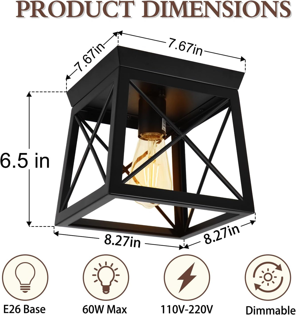 1 Light Black Industrial Flush Mount Ceiling Light Fixture - Square Farmhouse Caged Ceiling Light for Closet Kitchen Hallway Porch, E26, Dimmable