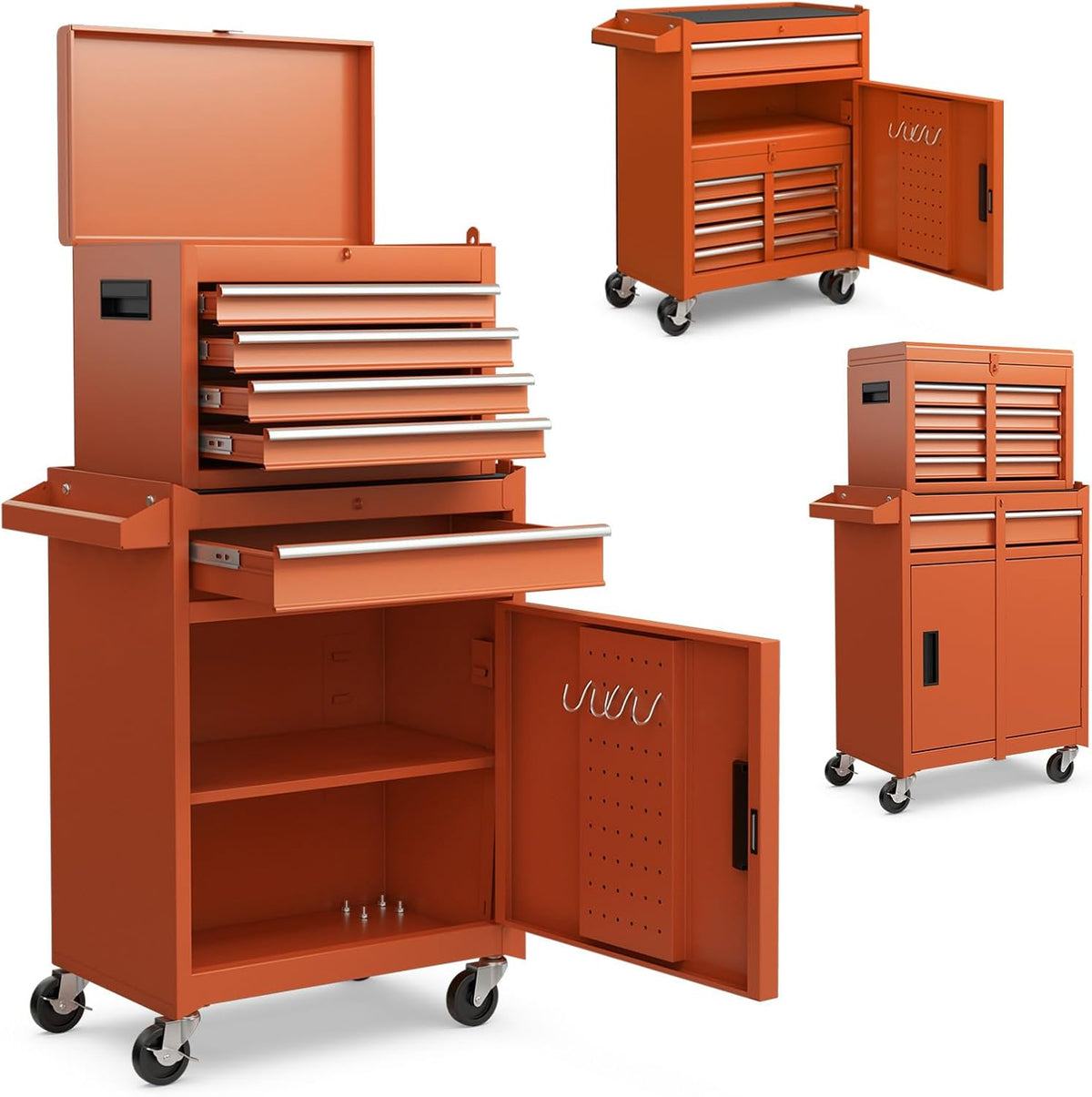 DREAMADE 5-Drawer Tool Chest Combo, Rolling Tool Cabinet w/Detachable Top Tool Box, Adjustable Shelves, Lockable Wheels, Metal Tool Box for Garage, Workshop, Repair Shop Storage (Orange)