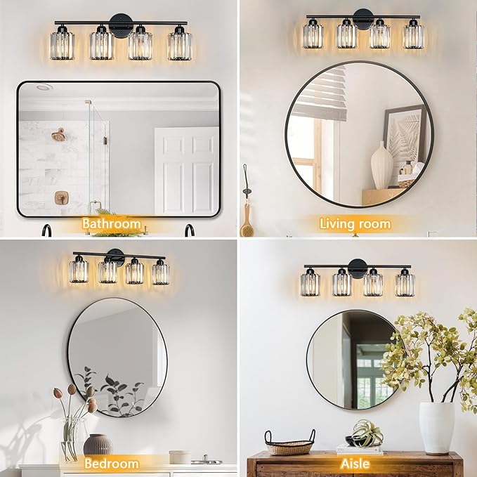FDPBY Modern 4 Light Crystal Vanity Light, Plating Black Vertical Bathroom