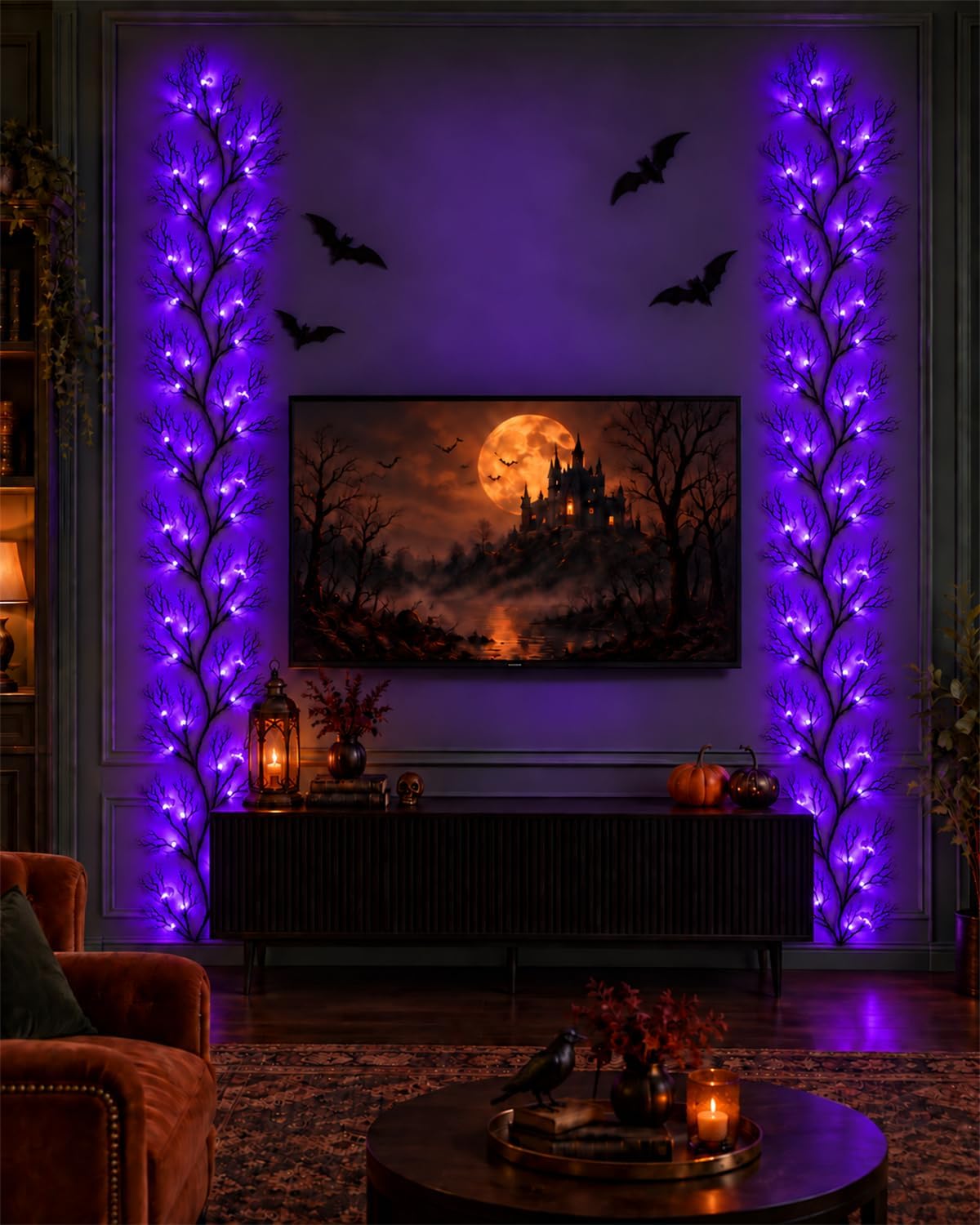 Halloween Twig Garland Decoration with 45 Purple LED Lights, 9 FT