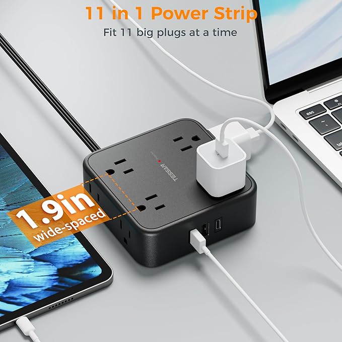 15 FT Extension Cord, TESSAN Ultra Thin Flat Plug Power Strip Surge Protector