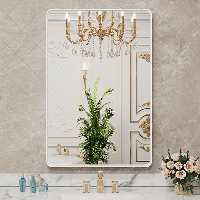 LOAAO 28x36 Inch White Metal Framed Bathroom Mirror