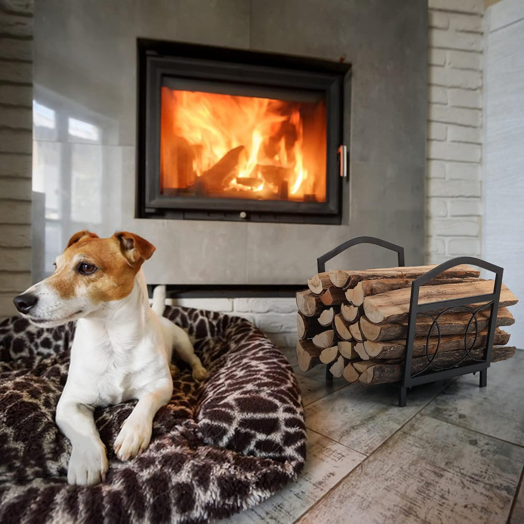 mfstudio firewood rack outdoor indoor, iron fire wood shown in use