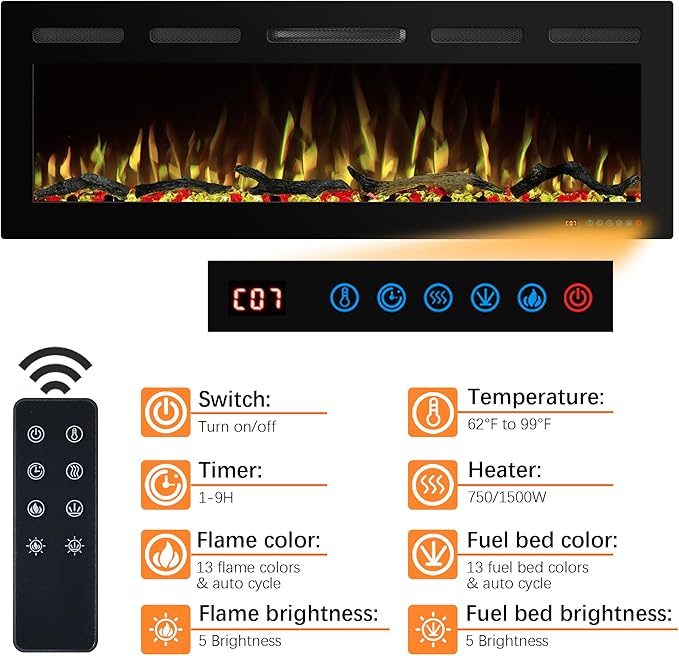 45" WiFi Electric Fireplace Inserts, Recessed and Wall Mounted Fireplace Heater