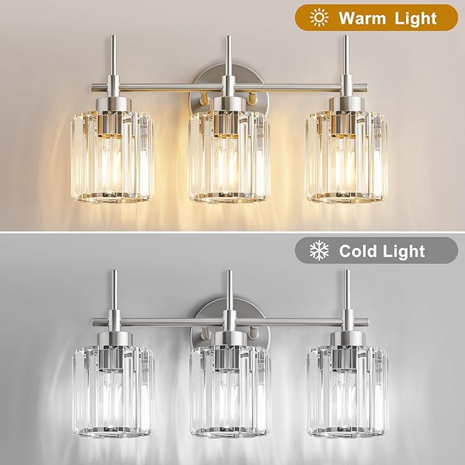 EJIAXIN 3 Light Crystal Bathroom Light Fixtures, Brushed Nickel Vanity Mirror