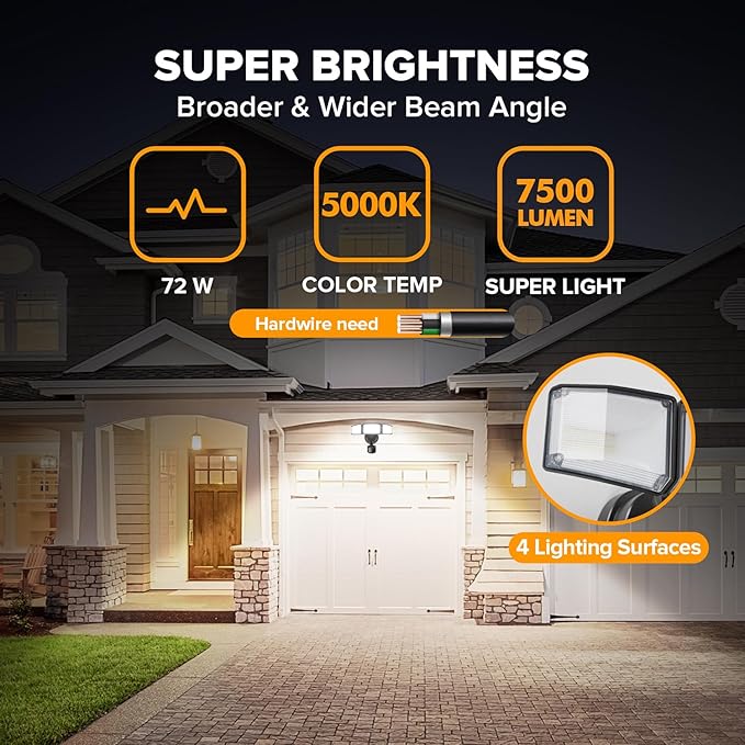 LUTEC 2 Pack 72W 7500LM LED Security Lights Motion Sensor Light Outdoor