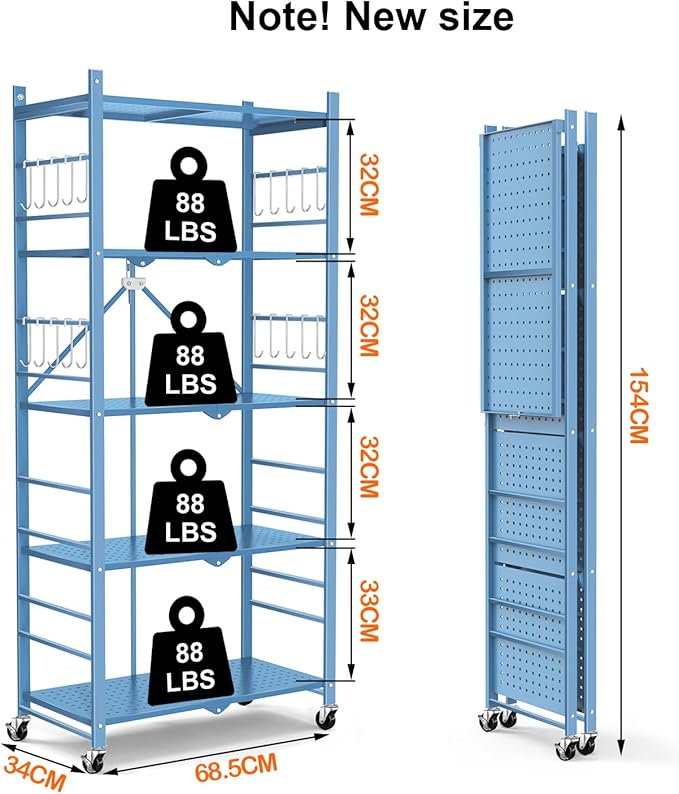 Storage Shelves with 20 Hooks, 5-Tier Foldable Shelf
