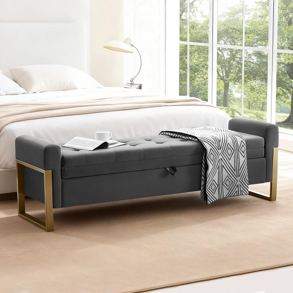 67" Storage Bench for Bedroom, King Size End of Bed Bench, Upholstered Storage Ottoman Bench with Golden Metal Legs, Bedroom Bench for Entryway, Dark Grey