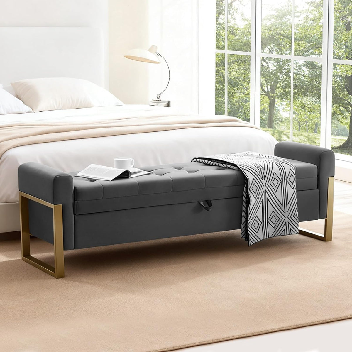 67" Storage Bench for Bedroom, King Size End of Bed Bench, Upholstered Storage Ottoman Bench with Golden Metal Legs, Bedroom Bench for Entryway, Dark Grey