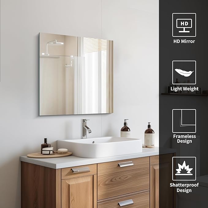 CILIBER Frameless Mirror, 24x24 inch Square Bathroom Mirrors