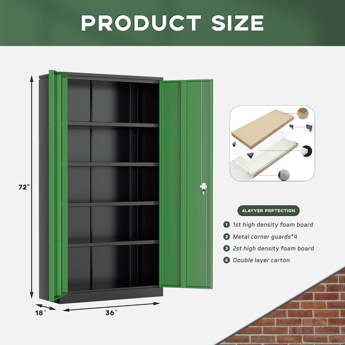 greenvelly metal garage storage cabinet, 72" black green, close-up detail