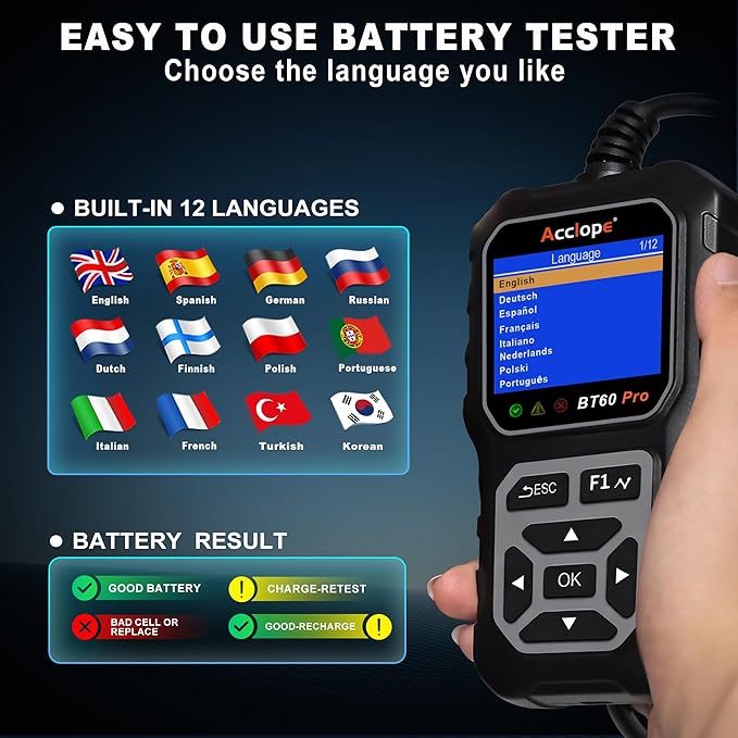 Acclope BT60 Pro Car Battery Tester, Digital Analyzer