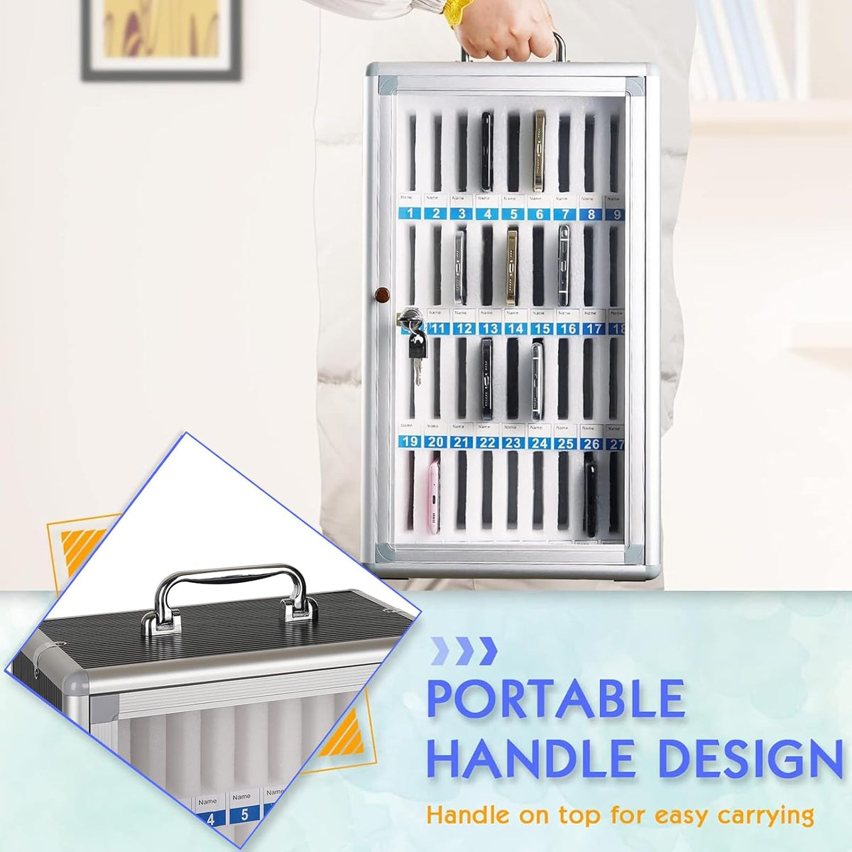 36 slots aluminum alloy cell phone locker, phone on a desk or shelf