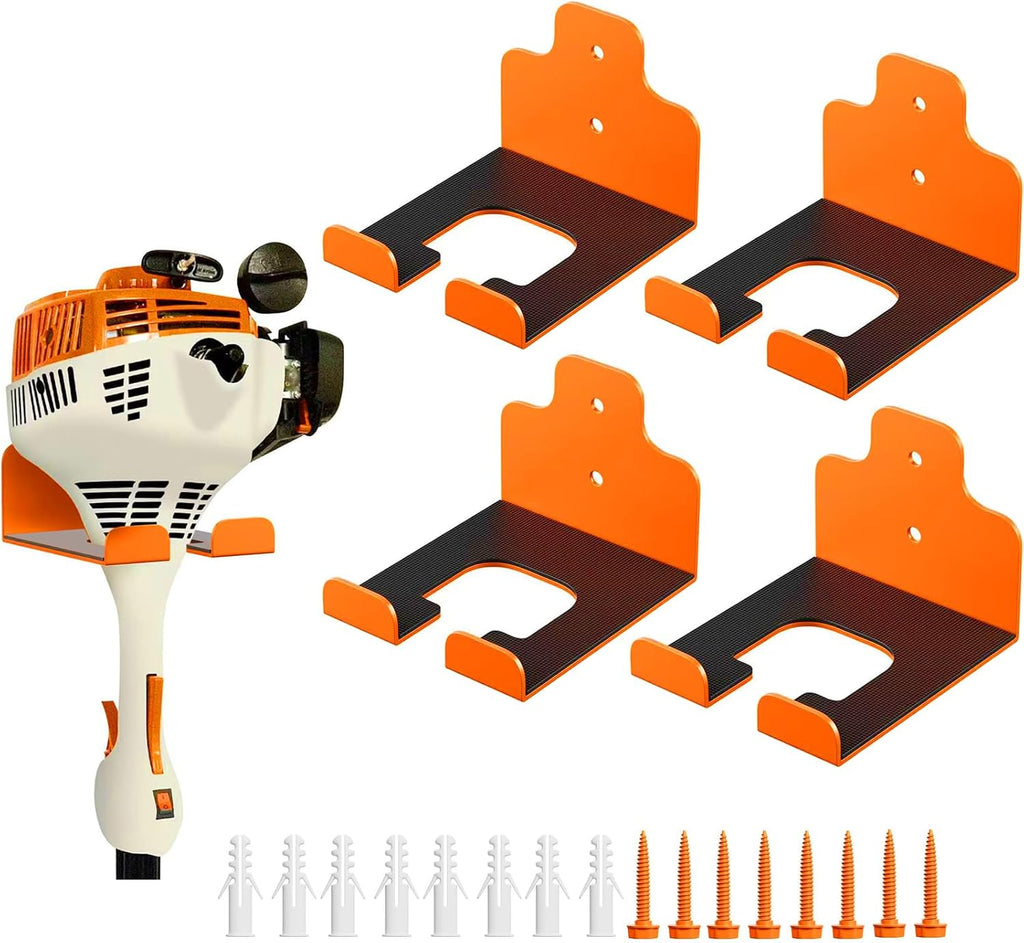 jniheep garage organizer trimmer rack,garden power tool hanger,4pack,orange shown in use