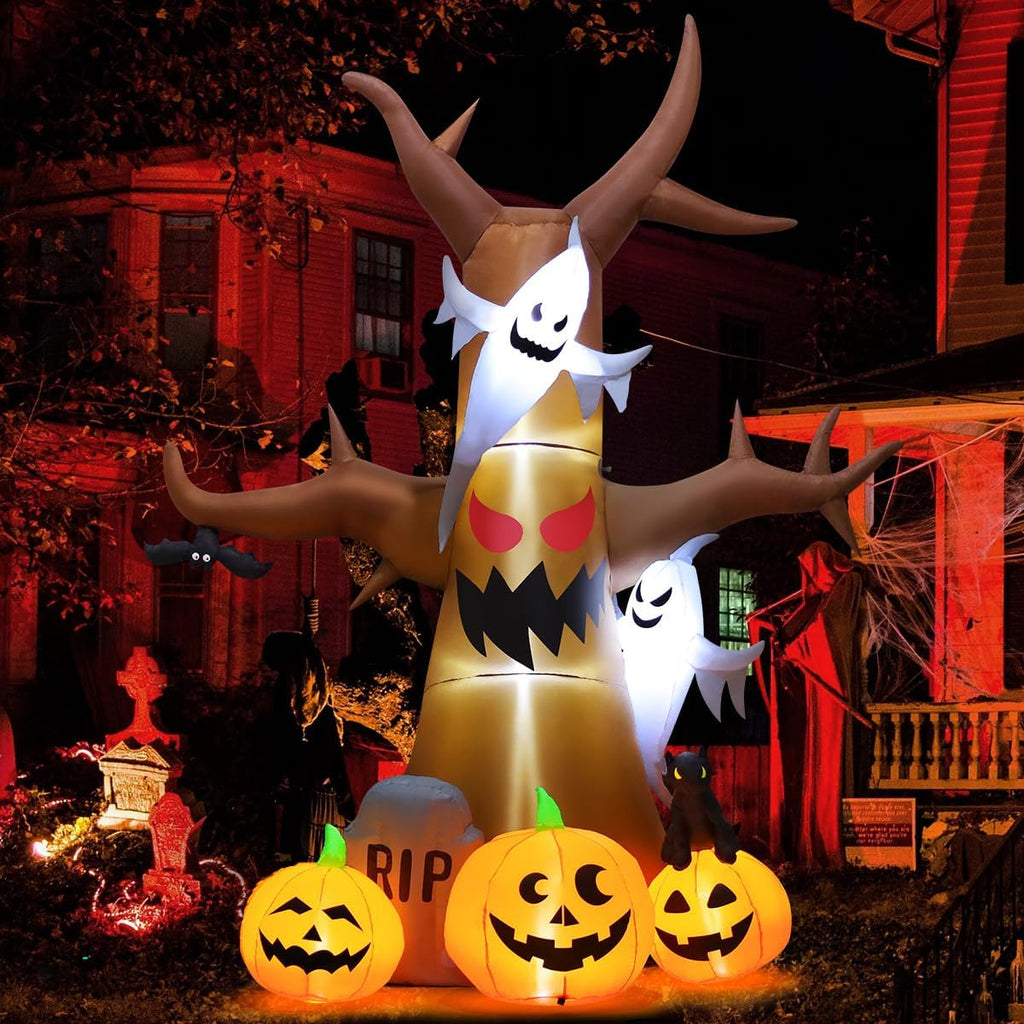 GOOSH 12 FT Halloween Inflatables Tree Outdoor Decorations Blow Up Yard Scary Dead Tree with Pumpkin Ghost Tombstone with Built-in LEDs for Garden Lawn Indoor Party Decor