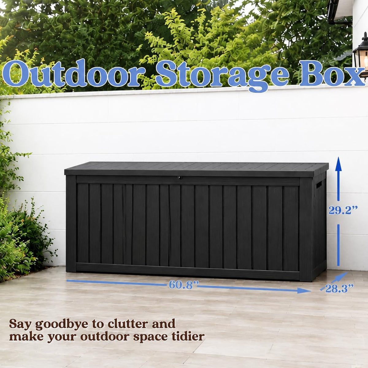 outdoor deck storage box,waterproof,black,220 gallon showing dimensions