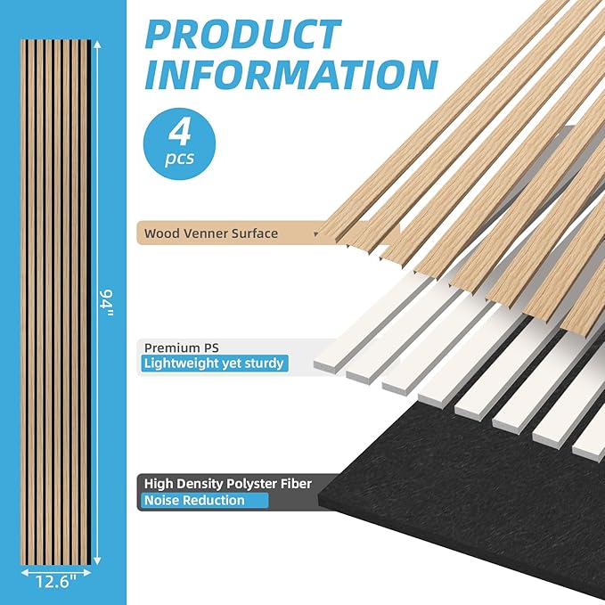 Art3d 4-Piece 94 x 12.6 Inch Acoustic Lightweight Slat Wall Panel