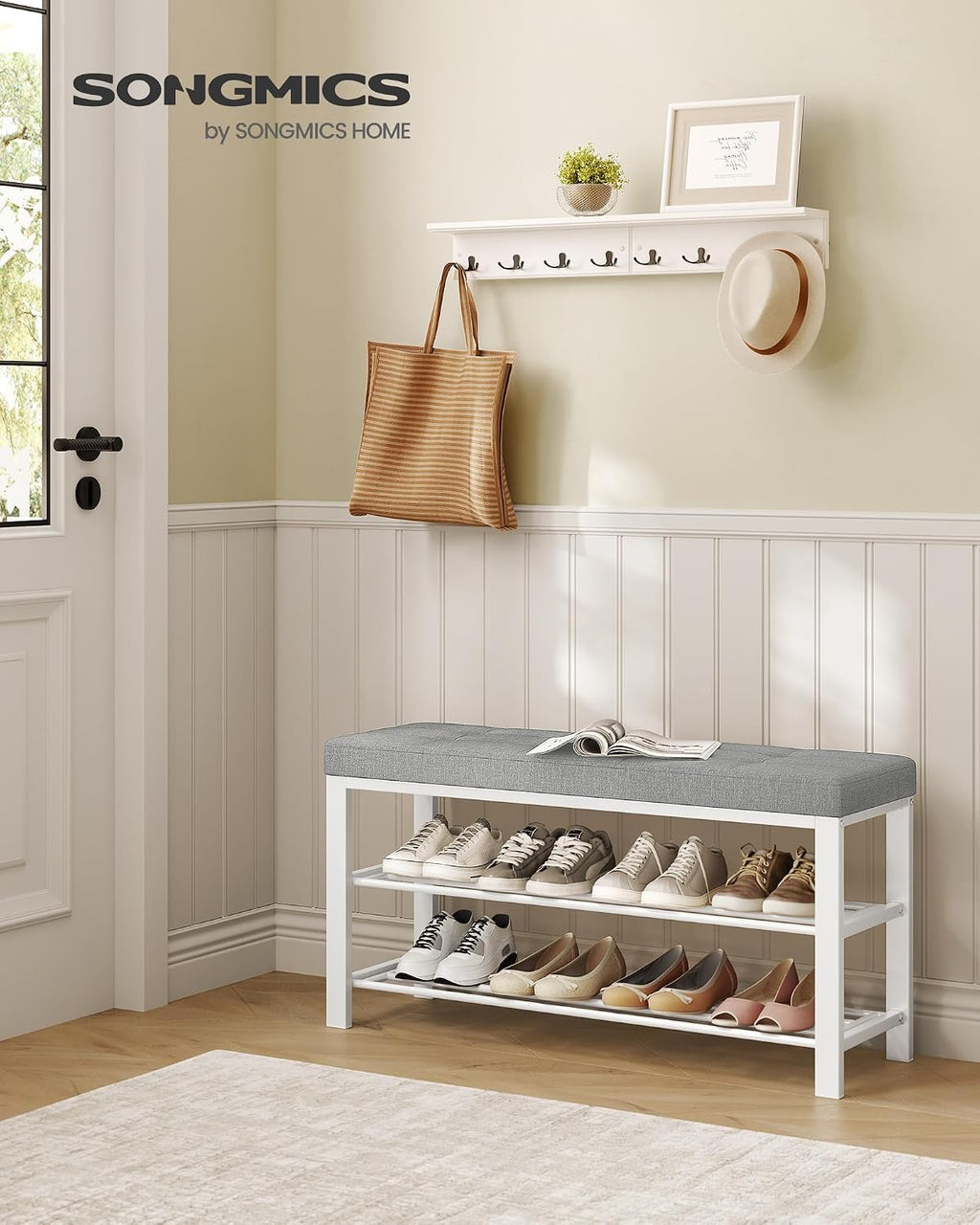 songmics shoe bench, storage bench, entryway bench with shown in use