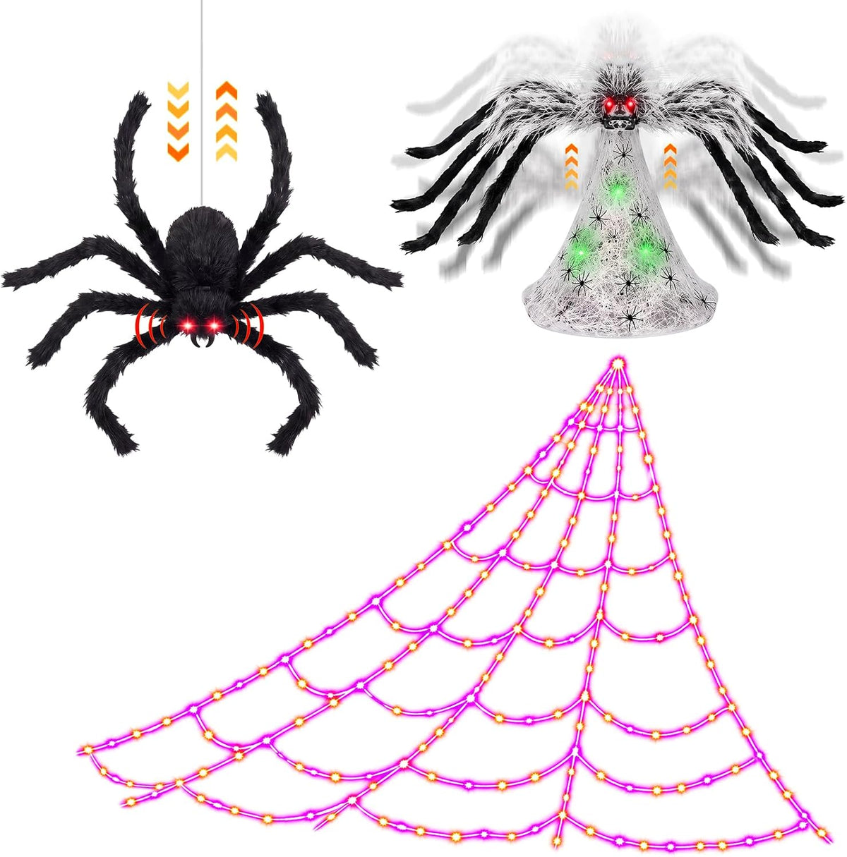 Halloween Spider Web Lights Decor+2 Animatronic 34'' Jumping Spider, Gray