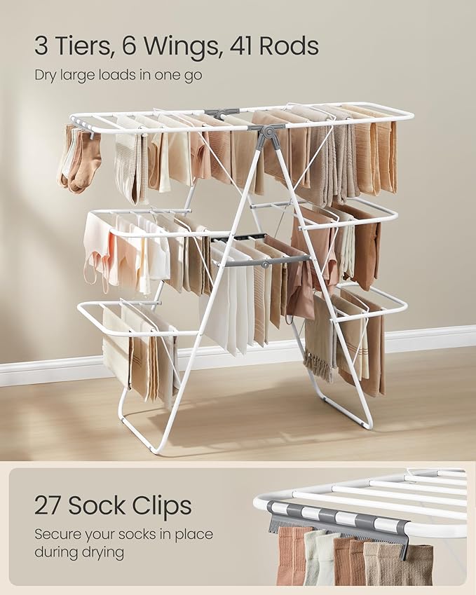 SONGMICS Clothes Drying Rack, Foldable 3-Level Laundry Rack, Free-Standing