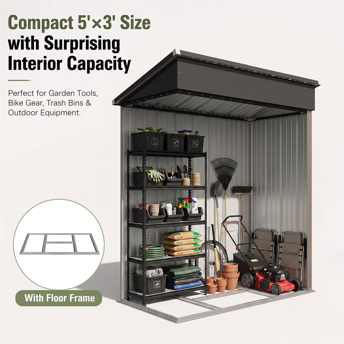 aoxun 5x3 ft outdoor storage shed with base, close-up detail
