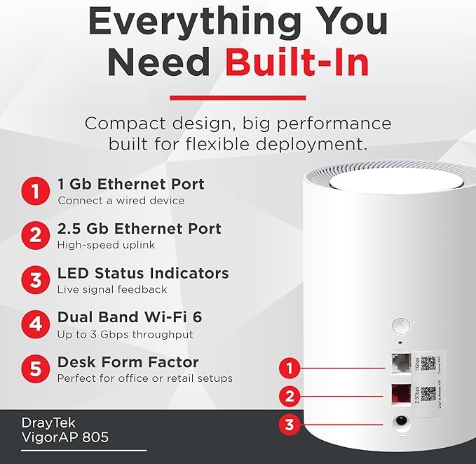 DrayTek Vigor AP805 Mesh AX3000 Wireless Access Point, 2.5GbE Uplink,
