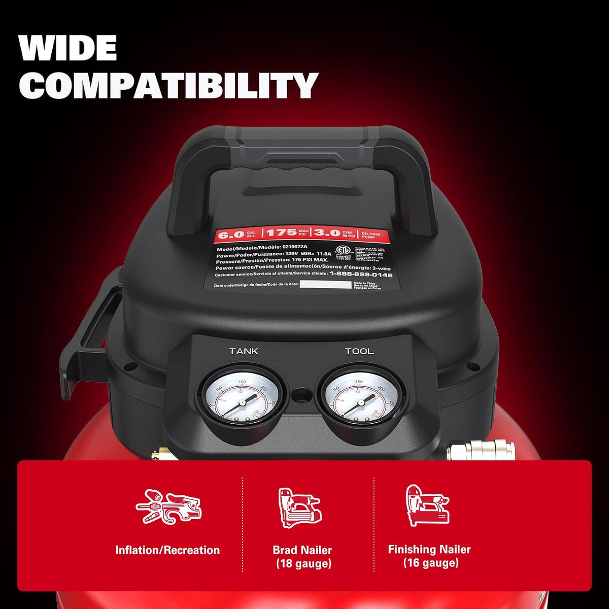 ECOMAX Air Compressor 6 Gallon 175 PSI Pancake Portable Oil-free Tank with 10 PCS Accessories Kit