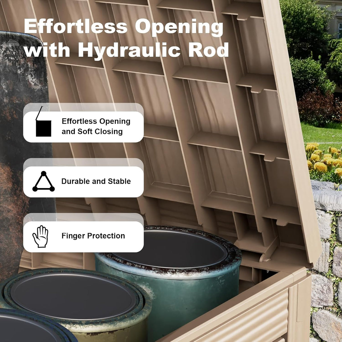 50 gallon outdoor storage box, resin deck boxes, close-up detail