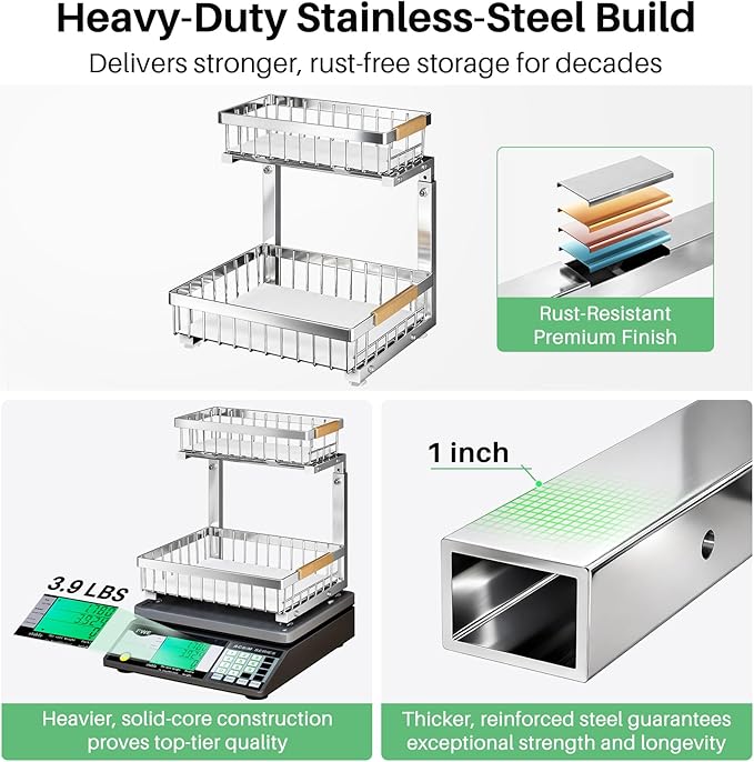 Under Sink Organizer, Stainless Steel 2 Packs 2 Tier Under Sink Organizers and