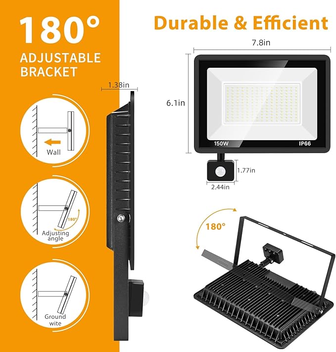 YANYCN 2 Pack 150W LED Motion Sensor Flood Light, 5000K Daylight, IP66