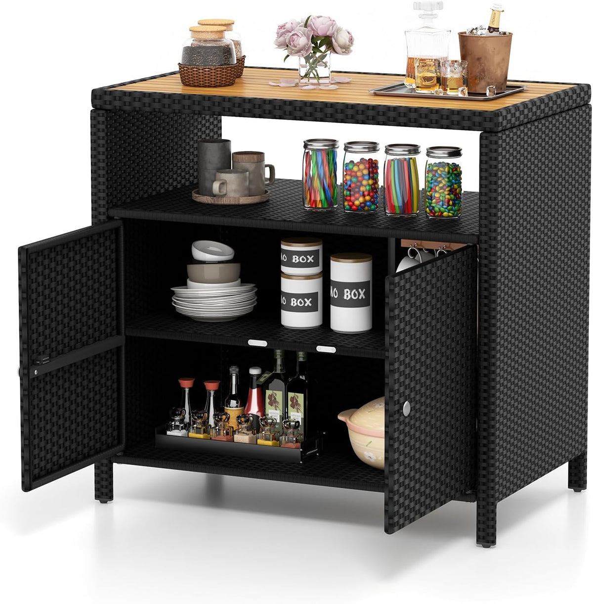 Tangkula Rattan Outdoor Storage Cabinet, Patiojoy Outdoor Cabinet with Acacia Wood Countertop, Open Compartment, 2-Door Wicker Sideboard, Outdoor Bar for Patio Garden Backyard Poolside (Black)