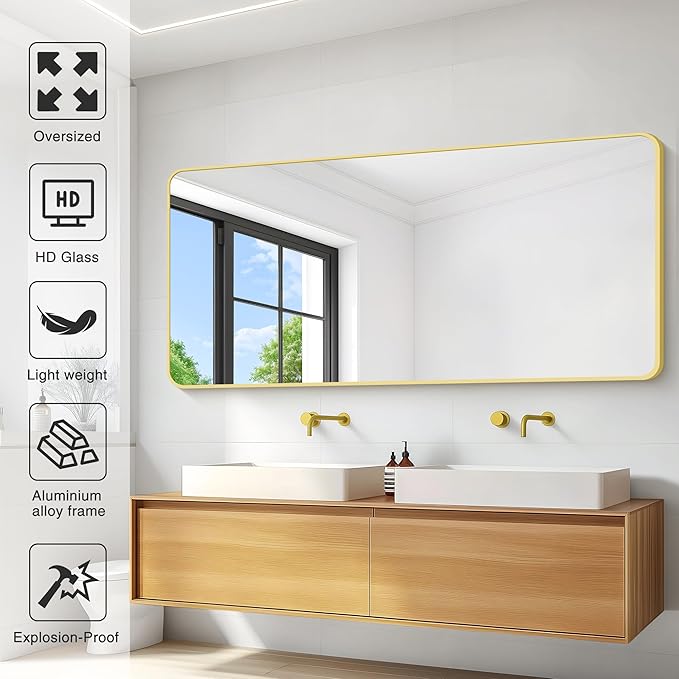 30"x60" Gold Bathroom Mirror, Large Rectangle Mirror, Rectangular Wall Mirror