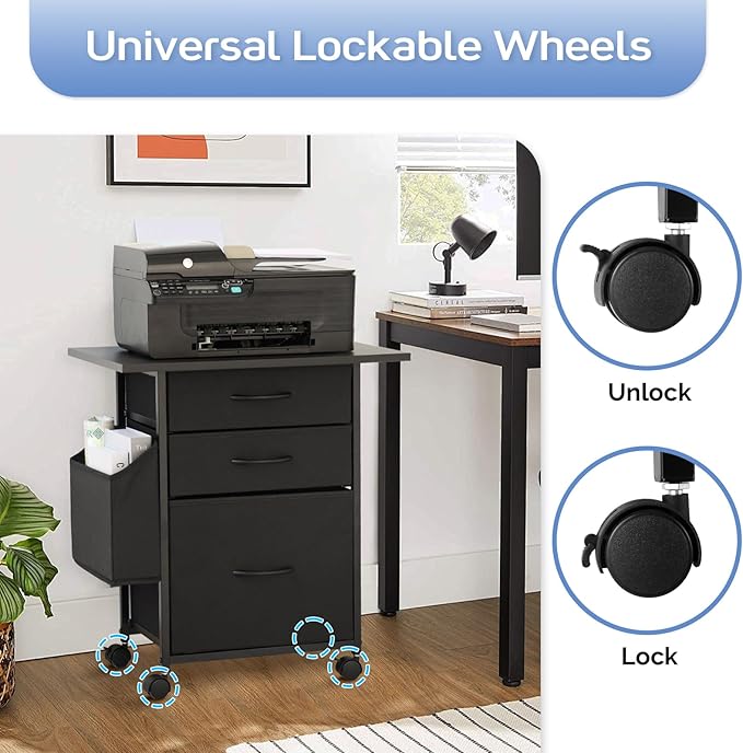 Printer Stand with 3 Fabric Drawer, Mobile File Cabinet