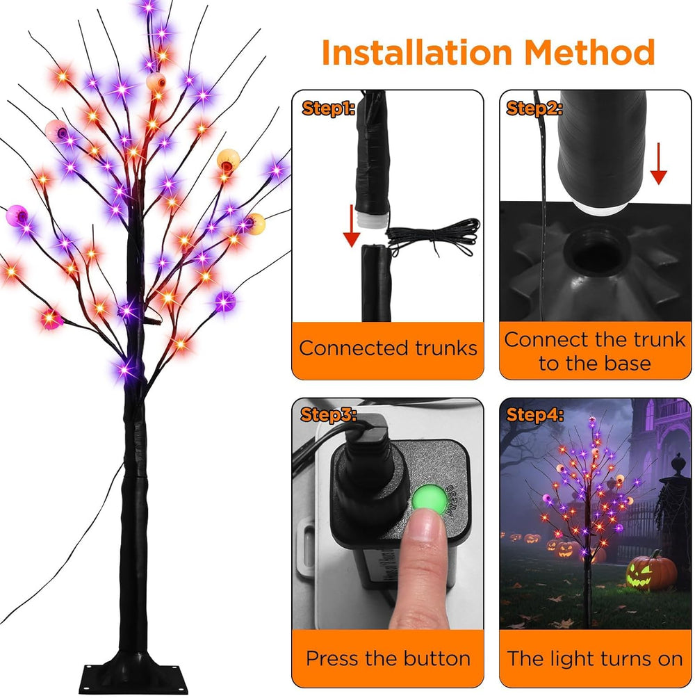 2 Pack 4FT Lighted Black Halloween Tree, Purple & Orange Lights with Timer
